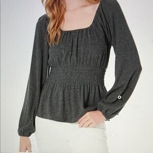 Madewell Charcoal Grey Smocked Peplum Long Sleeve Square Neck Top Small